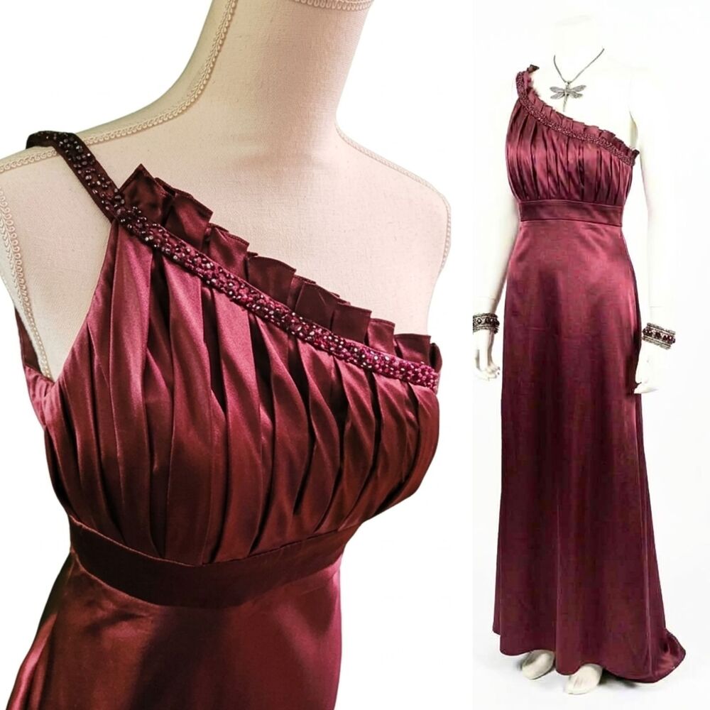 Vintage 90s y2k Burgundy Maroon Satin Prom Dress Beaded Goth Empire Waist Gown S
